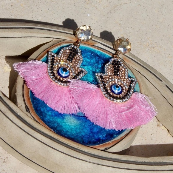 NEW! Boho Fringe Tassel Evil Eye Hamsa Hand Crystal Drop Earrings - Picture 4 of 9